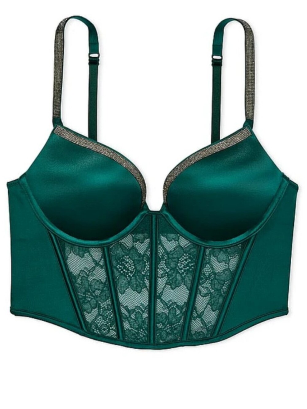 Victoria's Secret Bombshell Add-2-Cups Green Shine Strap Push-Up Corset Bra